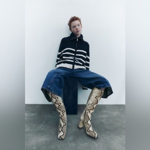 NWT ZARA BOOTS SNAKE PRINT INNER PLATFORM LEATHERโHEELED KNEE HIGH BOOTS - Picture 6 of 14